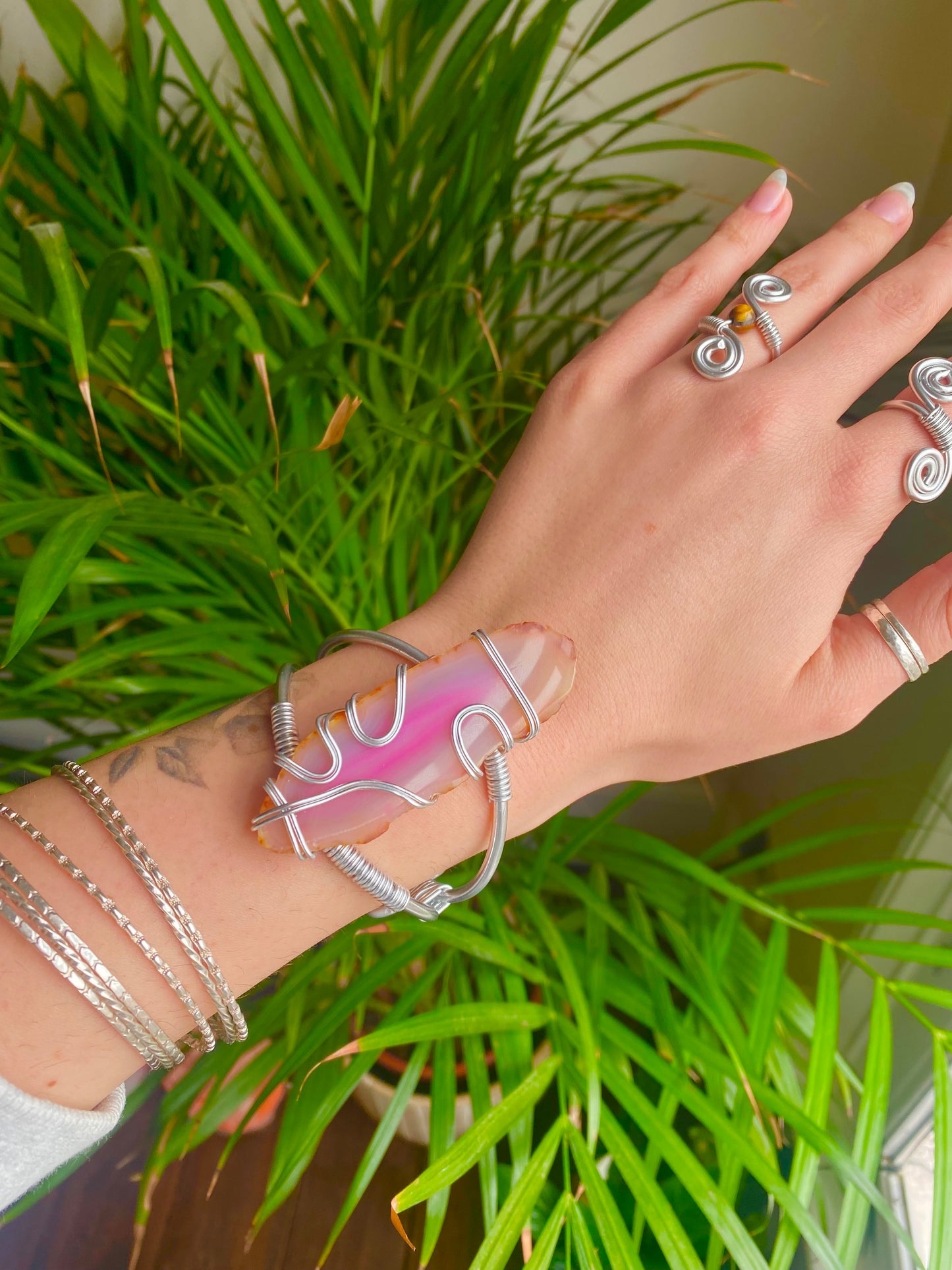 Pink Agate Swirly Cuff Bracelet